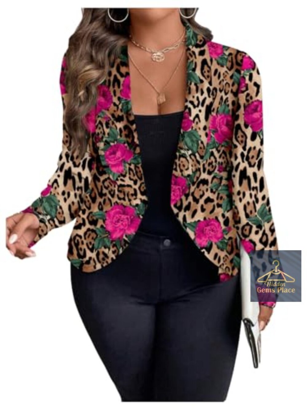 Plus Size Floral Leopard Blazer Long Sleeve Open Front Suit Jacket